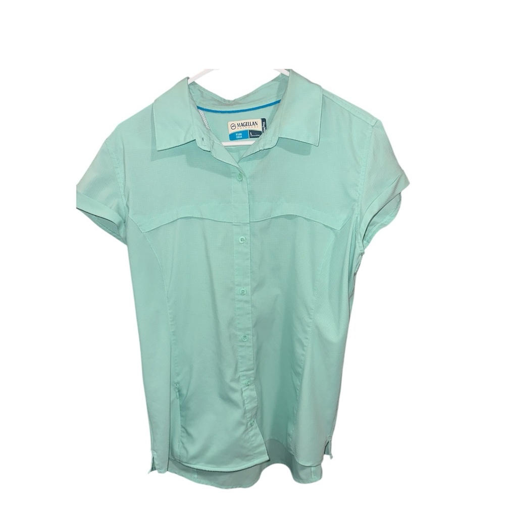 Magellan Outdoors Green Button Down Cap Sleeve Top